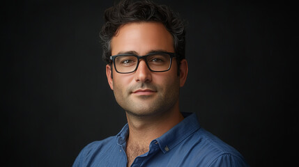 Obraz premium Retrato de hombre con gafas y camisa azul sobre fondo oscuro