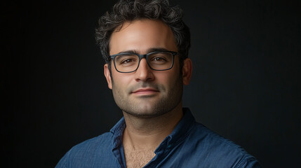 Fototapeta premium Retrato de hombre con gafas y camisa azul sobre fondo oscuro