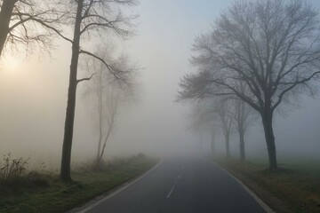 Sunrise illuminating foggy road with trees on the side
