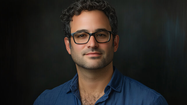 Retrato de hombre con gafas y camisa azul sobre fondo oscuro