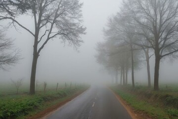 Fototapeta premium Empty country road disappearing into the fog on a gloomy day