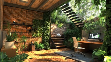 Fototapeta premium A serene office space surrounded by greenery, promoting a calming work environment.