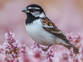 Naklejka premium Lark Bunting Calamospiza melanocorys black white bird perched on a prairie shrub under a vast cloudy blue sky
