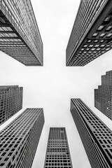 Fototapeta premium Cityscape. Modern architectural scene. Glass skyscrapers against a cloudy sky in Chicago, Illinois, USA. Black and white abstract perspective looking up at downtown skyscrapers.