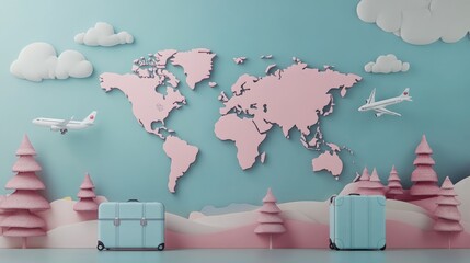 Pastel world map with suitcases and planes.
