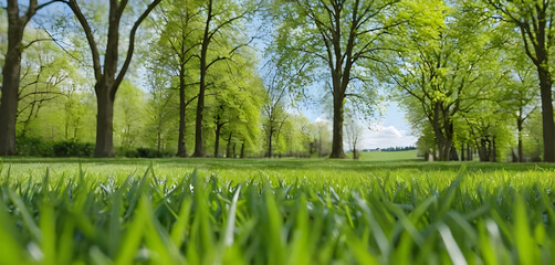 Lush green grass growing under trees in spring park