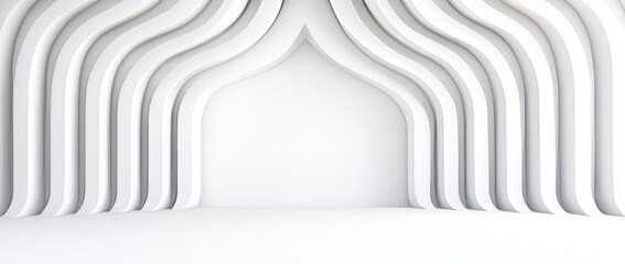 A contemporary white background featuring an empty, elongated corridor and a triangular, futuristic sci-fi tunnel. 3D rendering.