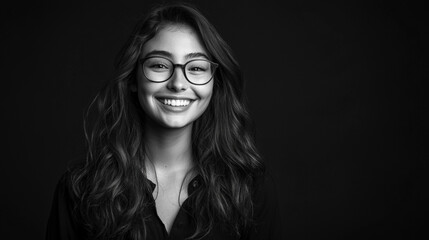 Fototapeta premium stock photo smiling beautiful girl in black studio background