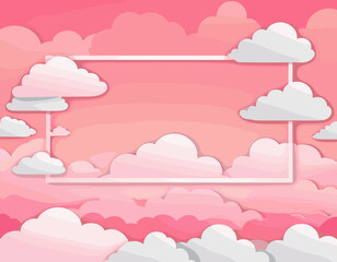Horizontal banner with pink sky and paper cut clouds. Place for text. Happy Valentine's day sale header or voucher template with hearts. Rose cloudscape border frame pastel colors.
