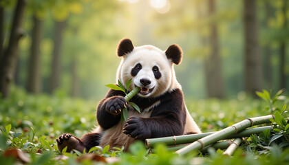 Giant panda enjoying bamboo in serene forest, World Wildlife Day