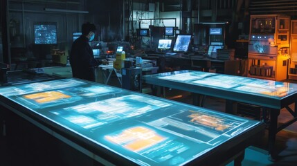 A scientist works late in a futuristic lab with interactive tables displaying data.