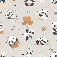 Panda seamless pattern. Cute panda with balloons, sleeping and meditation, resting. Decorative print for fabric, wallpaper, cards, nowaday vector background