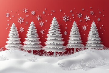 Christmas trees crafted from paper, featuring snowflakes against a red backdrop, perfect for holiday decorations