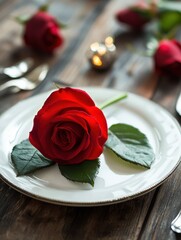 valentines day, table setting and romantic dinner concept - close up of red rose flower on set of dishes with cutlery on wooden background