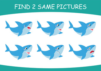 Find same pictures. Educational children game with cartoon funny shark. Choose two same sharks, emotional ocean animals nowaday vector illustration