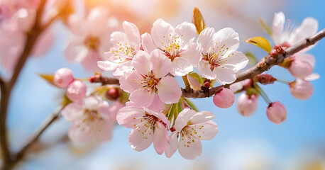 Naklejka premium Cherry tree branch blooming with pink flowers in spring