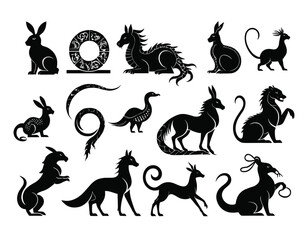 Chinese New Year horoscope animals, 2023 black silhouette rabbit, dragon, snake horse icons set isolated on white. Vector illustration. China zodiac calendar logo, asian lunar astrology signs