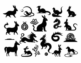 Chinese New Year horoscope animals, 2023 black silhouette rabbit, dragon, snake horse icons set isolated on white. Vector illustration. China zodiac calendar logo, asian lunar astrology signs