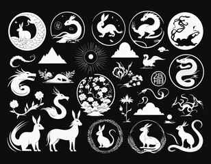 Chinese New Year horoscope animals, 2023 black silhouette rabbit, dragon, snake horse icons set isolated on white. Vector illustration. China zodiac calendar logo, asian lunar astrology signs