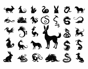 Chinese New Year horoscope animals, 2023 black silhouette rabbit, dragon, snake horse icons set isolated on white. Vector illustration. China zodiac calendar logo, asian lunar astrology signs