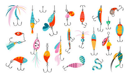 Fishing lures. Baits for catching fish, fishing equipment. Isolated different colorful angling, lure, fisherman tools for seasonal hobby, nowaday vector set