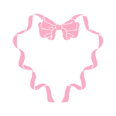 Pink heart frame with bow and ribbon in vintage baroque style. Coquette girly aesthetic. Hand-drawn luxury border for Valentine's Day cards, wedding invitations, event details.