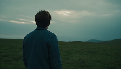 Man wearing denim jacket looking at cloudy sunset over mountains