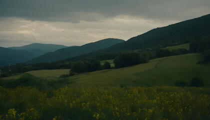 Obraz premium Yellow flowers blooming in meadow near forest with mountains in background