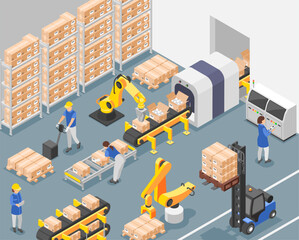 Obraz premium Isometric manufacturing. Workers working on assembly line, conveyor, with robotics arms and modern factory machines. Robots and people, flawless vector scene