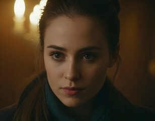 Young woman with ponytail posing in warm cinematic lighting