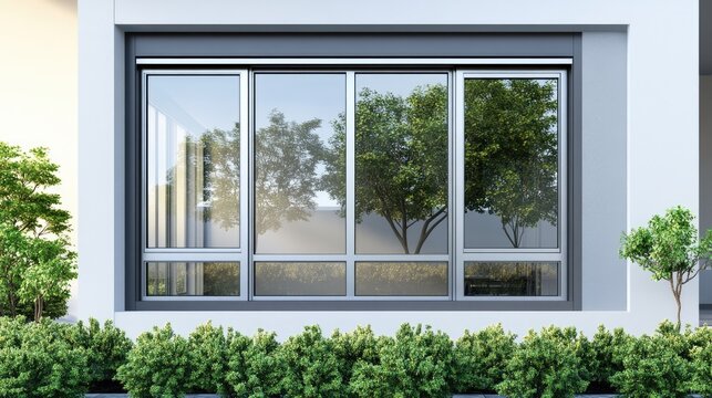 Fototapeta Modern sliding glass window with greenery.