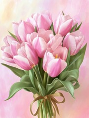 Naklejka premium Bouquet of gentle pink tulips on pastel rosy color background. Festive gift, greeting card for Easter, Birthday, Valentines Day or Wedding. Holiday concept, a place for text