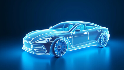 Futuristic car concept displayed as a blue digital wireframe, emphasizing cutting-edge design elements, generative ai