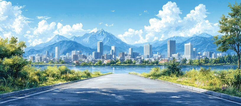 Scenic road leads to a city by a lake with mountains in background.