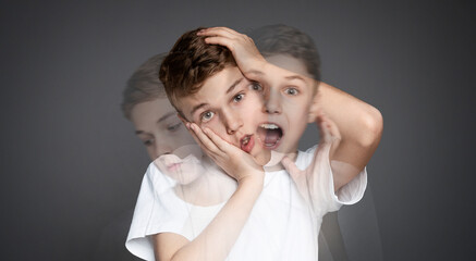 Personality disorder. Psychedelic collage of teen boy suffering from schizophrenia, panorama