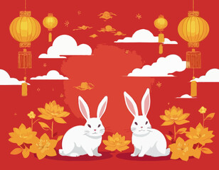 Chinese Greeting Card 2023 New Year Poster, hare gold ears asian border. Vector illustration. Golden Flowers, Clouds Lanterns on Red Background. Translation Happy New Year, Rabbit zodiac sign.