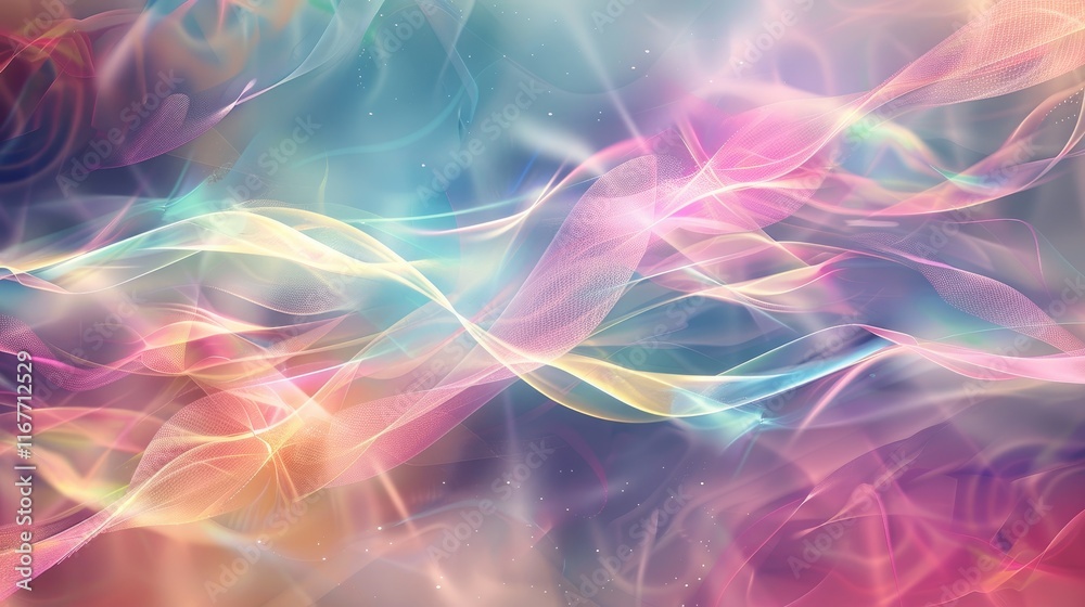 Poster An abstract background with soft pastel colors and glowing waves of light, creating an ethereal atmosphere. Perfect for design projects, calming visuals, and dreamy or tranquil-themed designs