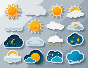 Paper cut weather icons set on transparent background. Vector illustration. White clouds, dew on leaves, fog sign, day and night for forecast design. Sun and thunderstorm stickers.