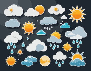 Paper cut weather icons set on transparent background. Vector illustration. White clouds, dew on leaves, fog sign, day and night for forecast design. Sun and thunderstorm stickers.