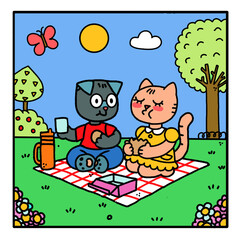 Lineart and color, Cat and dog having a picnic in a park