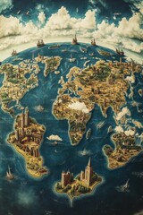 Fototapeta premium World map illustration; miniature cities, ships, clouds.