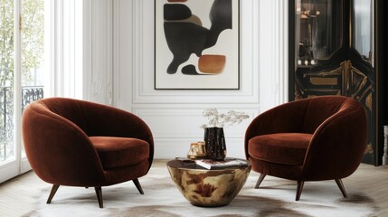 A cozy interior featuring two plush chairs, a decorative table, and artwork on the wall.