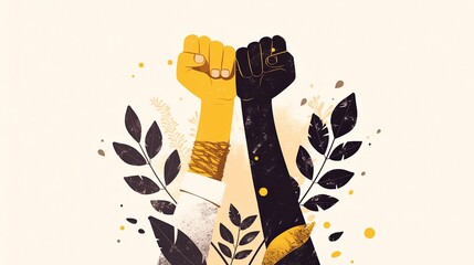 Two raised fists symbolizing unity and social justice with floral elements
