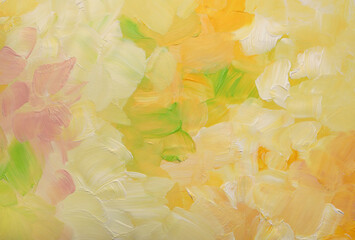 Art oil, Acrylic smear brush stroke blot painting wall. Abstract texture yellow, orange, green pastel neutral color stain background.