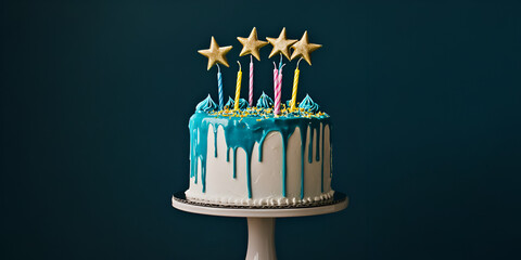 Blue Birthday Cake with Golden Stars Decoration