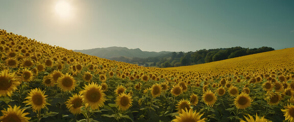 Sun is shining on a field of sunflowers covering rolling hills