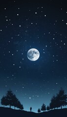 Naklejka premium Silhouette of a person gazing at a majestic full moon and starry night sky, surrounded by dark trees.