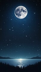 Naklejka premium Full moon over serene lake at night, stars shimmering in the dark sky. Peaceful landscape.