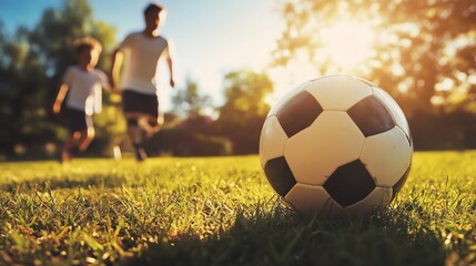A photostock image of a family playing soccer in their backyard on a sunny afternoon.--ar 16:9