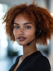 Professional call center agent black woman with headset providing customer support